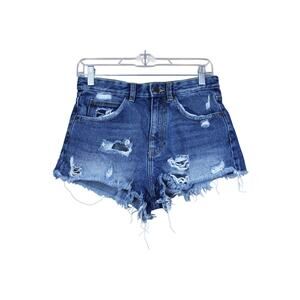 Zara Trafaluc Blue High Rise Zip Up Distressed Denim Jean Shorts Size 24